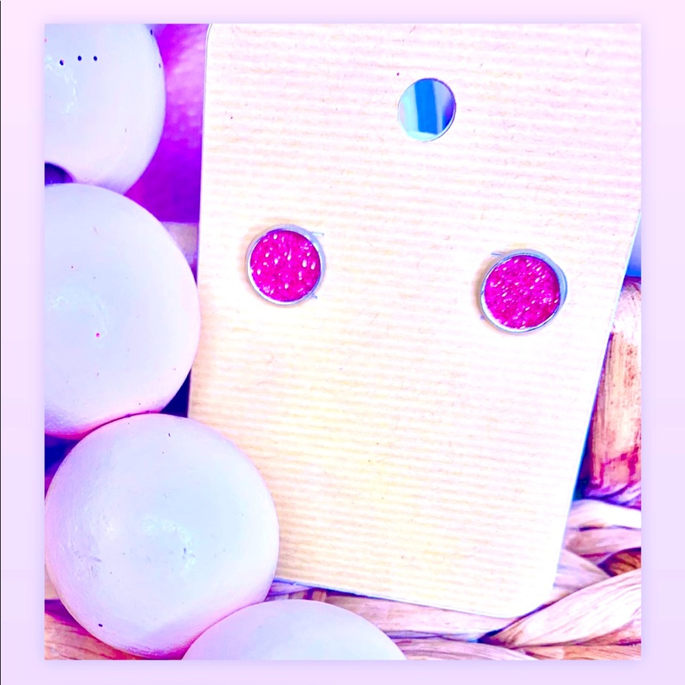 Pink glitter faux leather earring studs. Very elegant and eye catching.